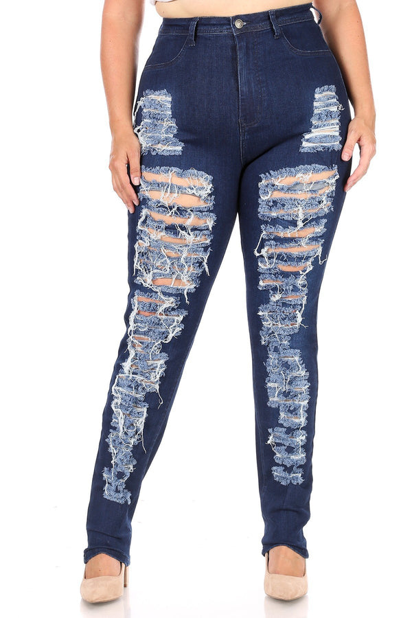 High Waisted Super Distressed Plus Size Skinny Jeans - Dark Denim
